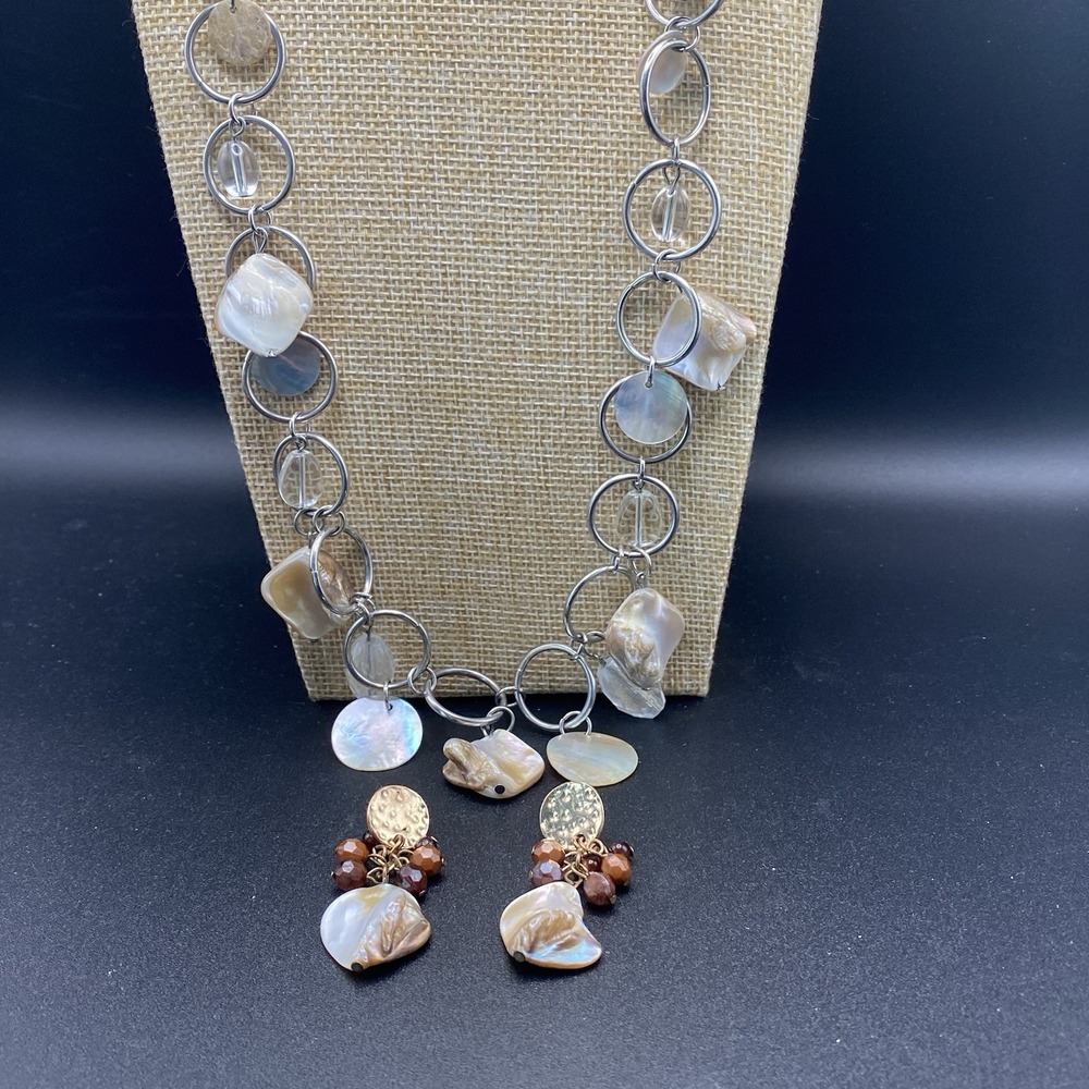 Vintage Necklace Mother of Pearl Shell Filigree Clear Bead Silver Tone Statement